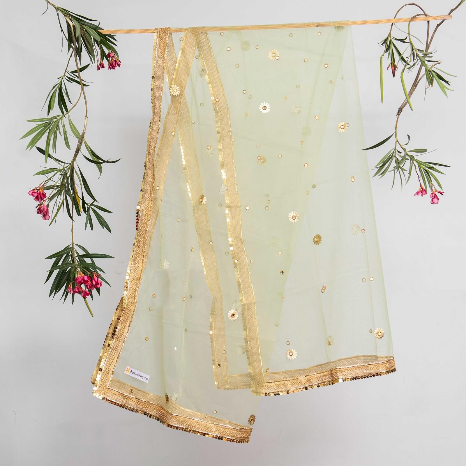 Net Pistachio Green All Sided Gota Patti with Mirror Work Dupatta