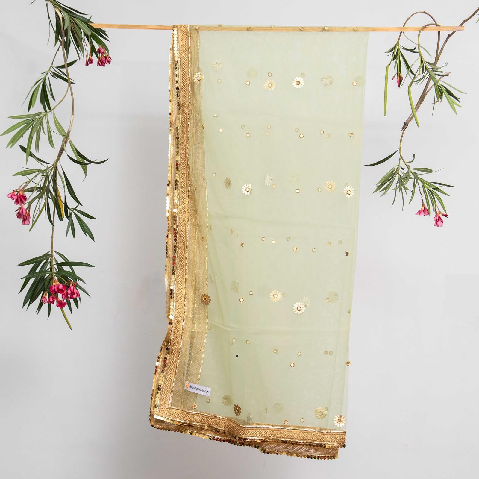 Net Pistachio Green All Sided Gota Patti with Mirror Work Dupatta