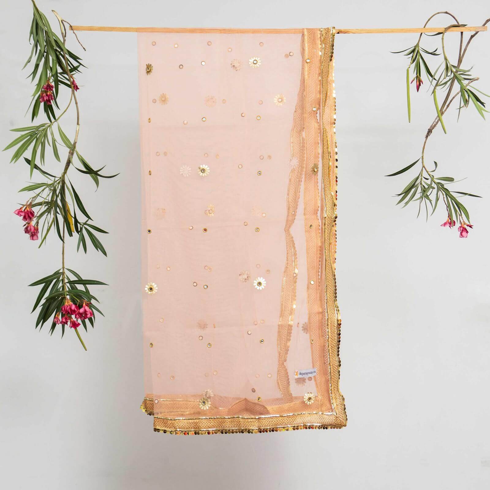 Net Peach All Sided Gota Patti with Mirror Work Dupatta