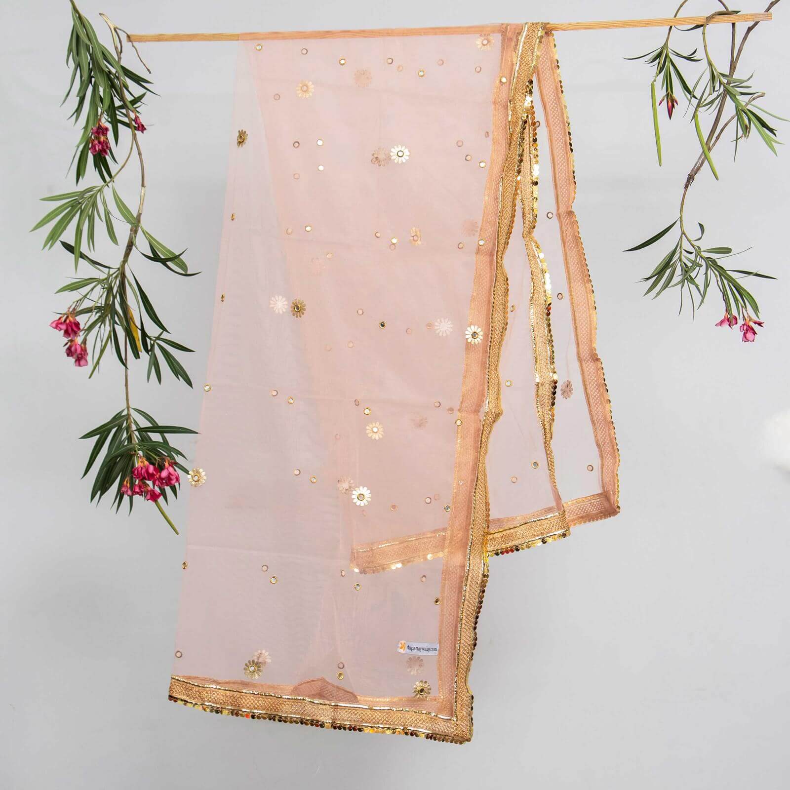 Net Peach All Sided Gota Patti with Mirror Work Dupatta