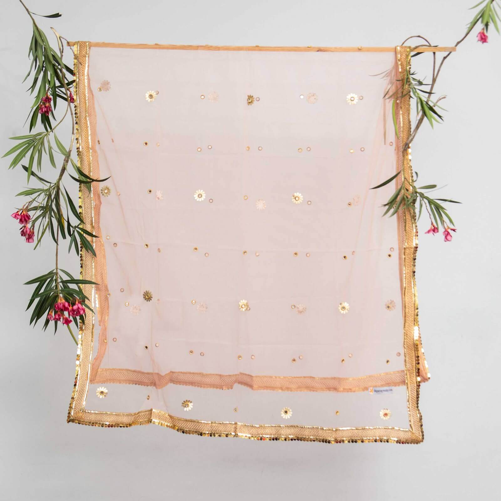 Net Peach All Sided Gota Patti with Mirror Work Dupatta