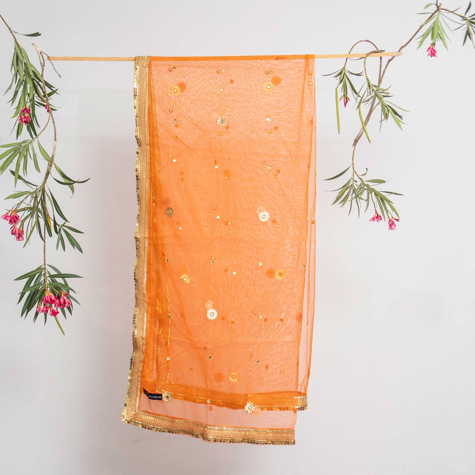 Net Orange All Sided Gota Patti with Mirror Work Dupatta