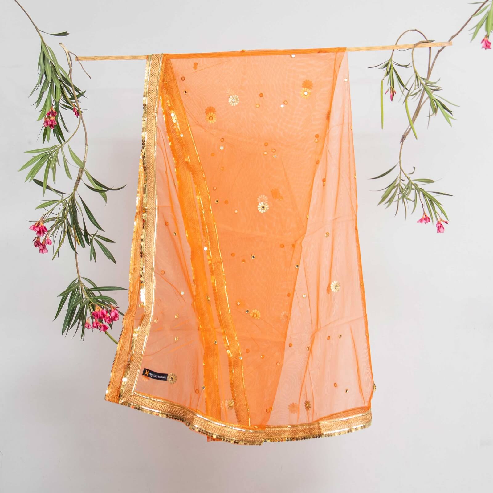 Net Orange All Sided Gota Patti with Mirror Work Dupatta