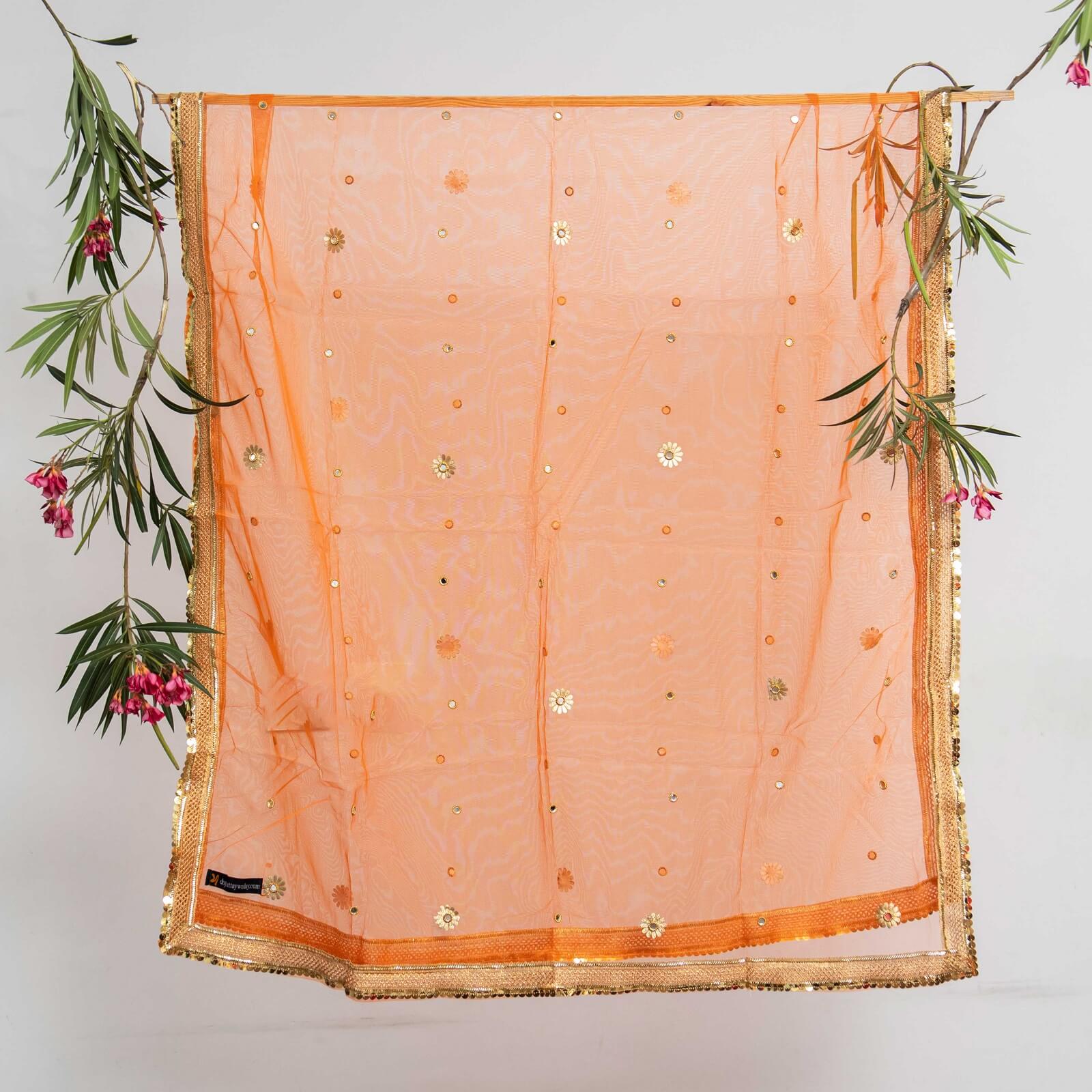 Net Orange All Sided Gota Patti with Mirror Work Dupatta