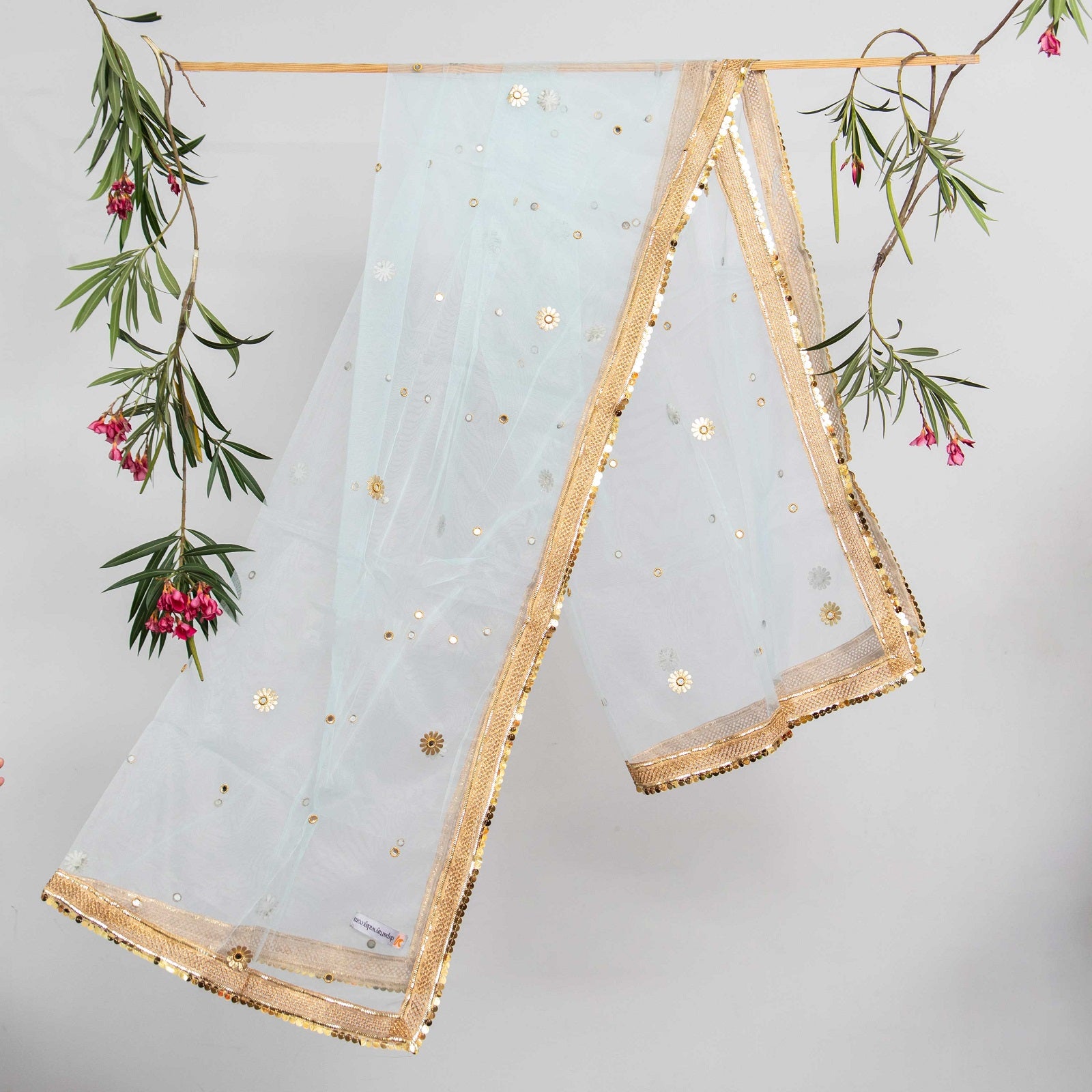Net Ice Blue All Sided Gota Patti with Mirror Work Dupatta