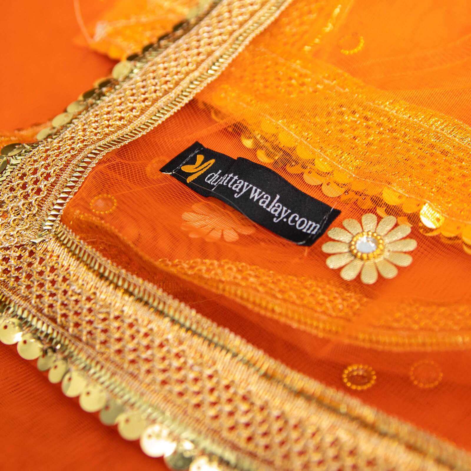 Net Orange All Sided Gota Patti with Mirror Work Dupatta