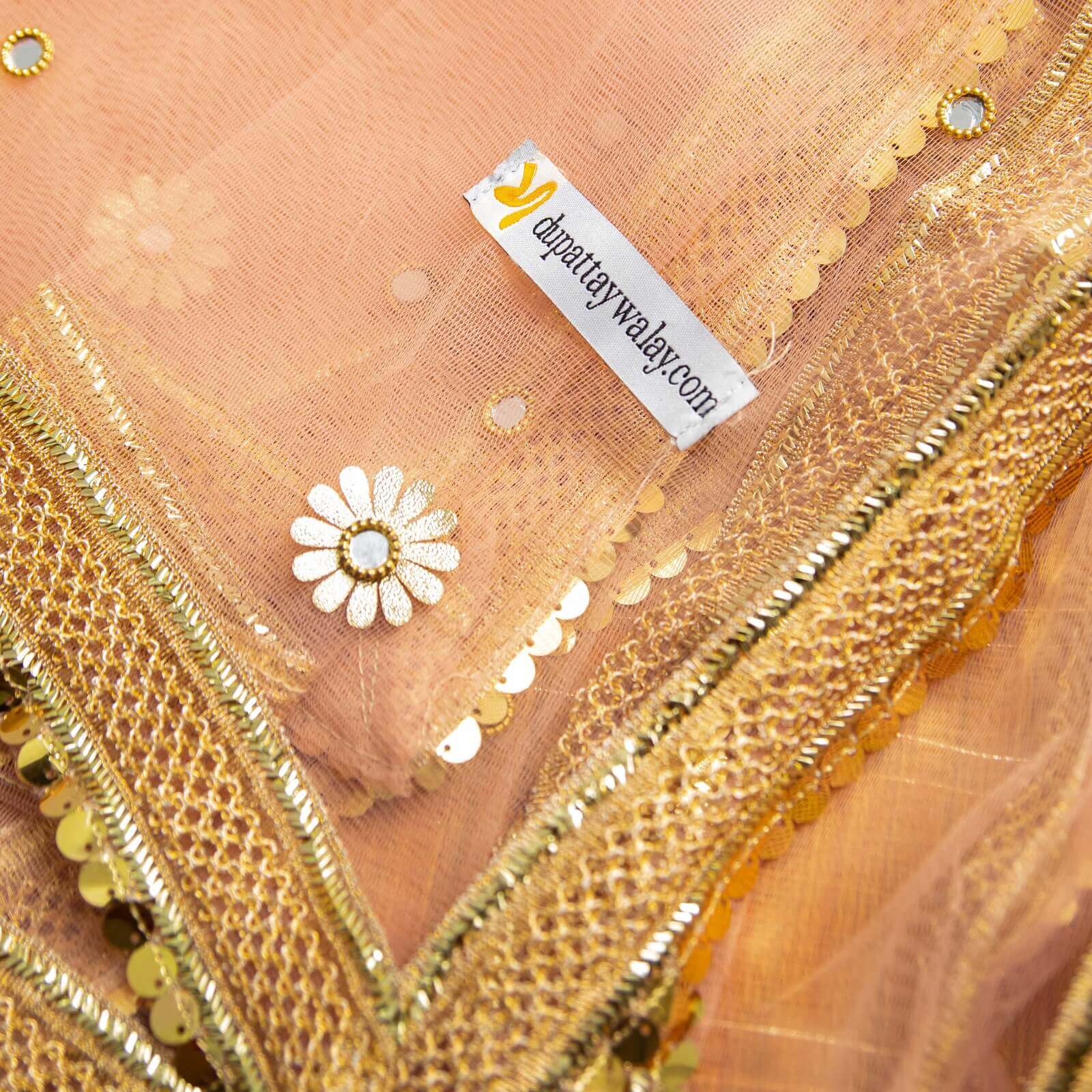 Net Peach All Sided Gota Patti with Mirror Work Dupatta