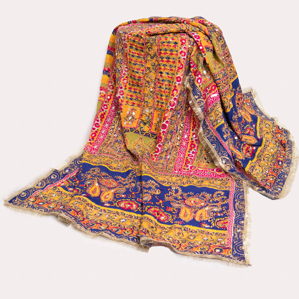 Viscose Multi Damask Block Printed Embroidered with Mirror Work Dupatta