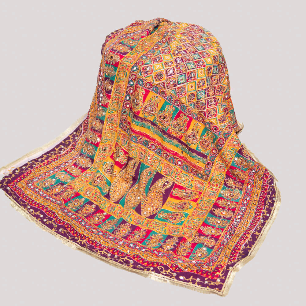 Viscos Multi Parsley Block Printed Embroidered with Mirror Work Dupatta