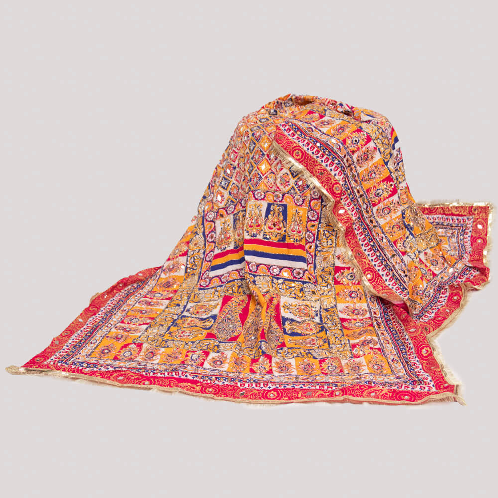 Viscos Multi Floral Motif Block Printed Embroidered with Mirror Work Dupatta