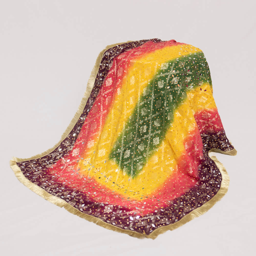Banarsi Multi Dyed with Golden Mirror work Dupatta