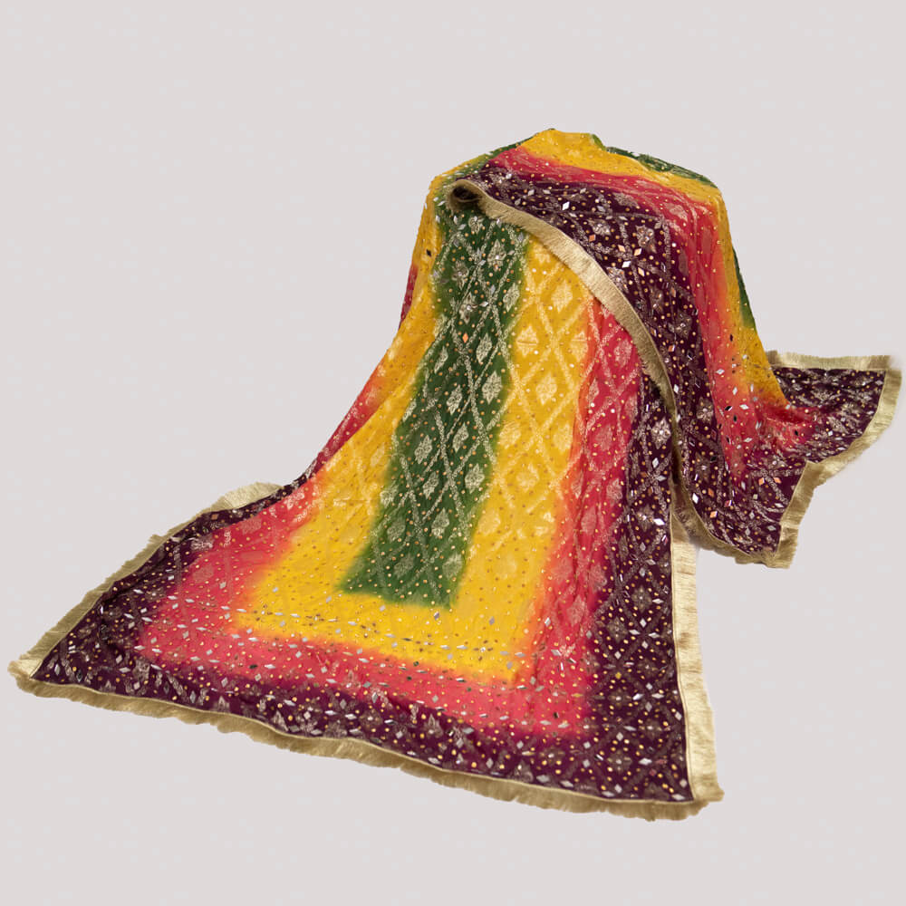 Banarsi Multi Dyed with Golden Mirror work Dupatta