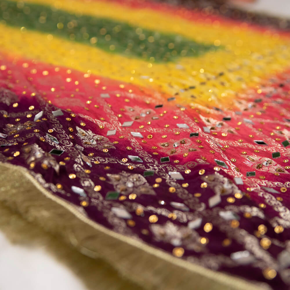 Banarsi Multi Dyed with Golden Mirror work Dupatta