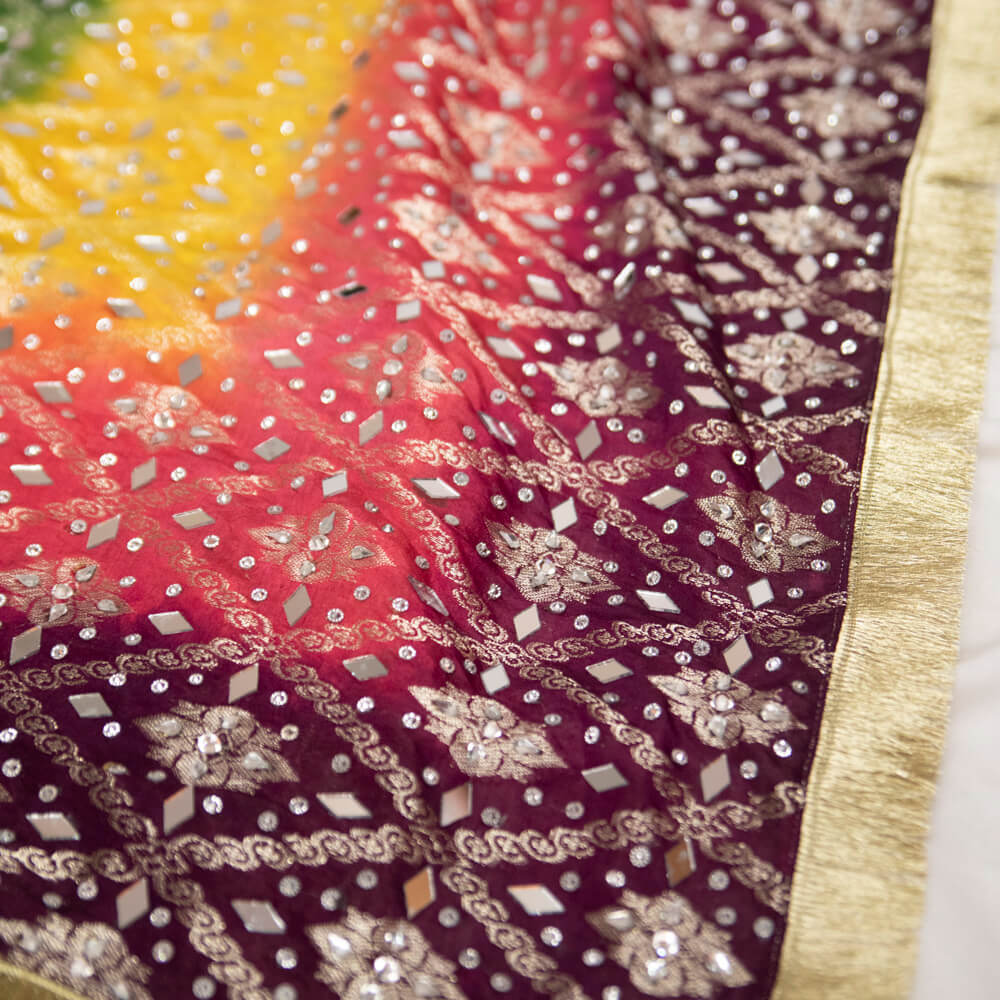 Banarsi Multi Dyed with Silver Mirror work Dupatta