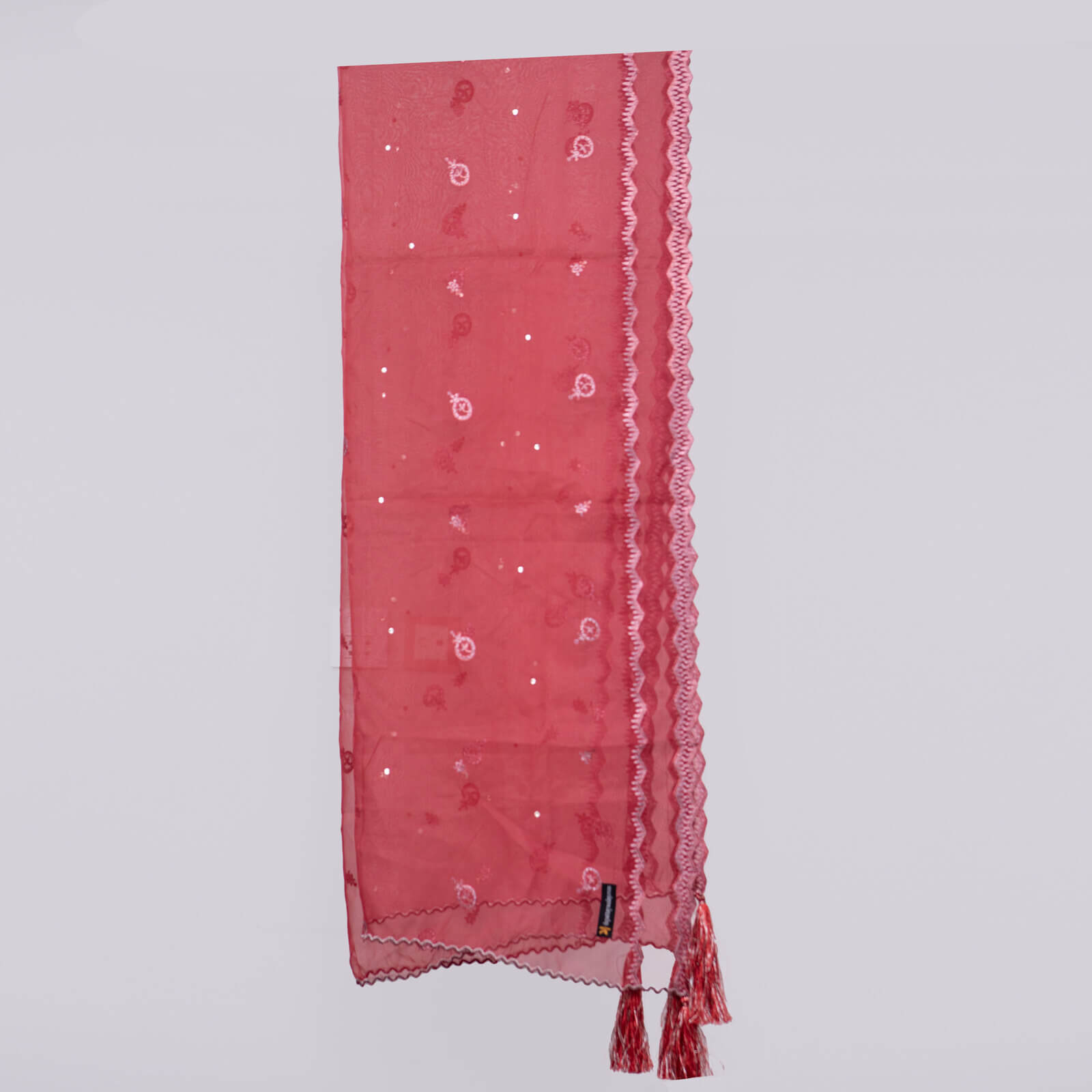 Organza Red Embroidered All Sided Tussle Dupatta