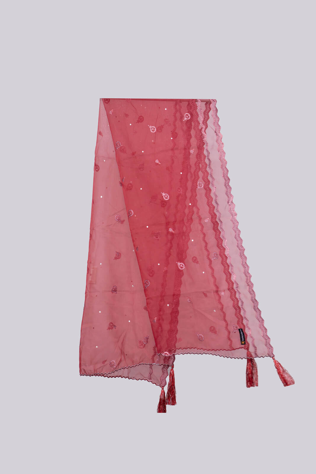Organza Red Embroidered All Sided Tussle Dupatta