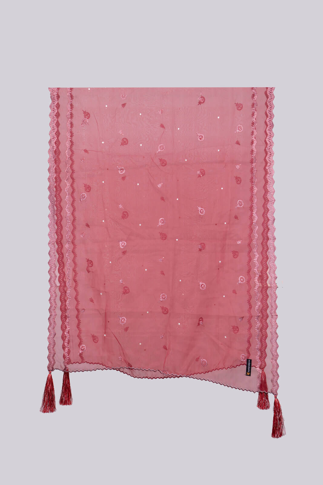 Organza Red Embroidered All Sided Tussle Dupatta
