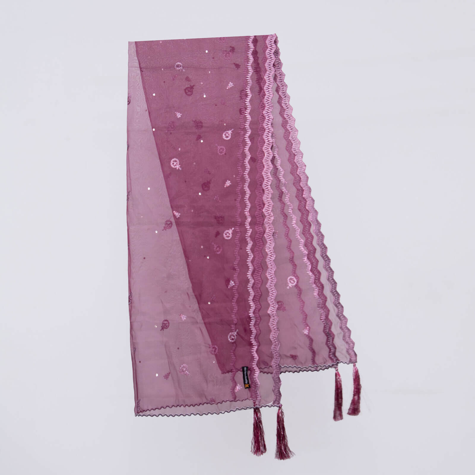 Organza Plum Embroidered All Sided Tussle Dupatta