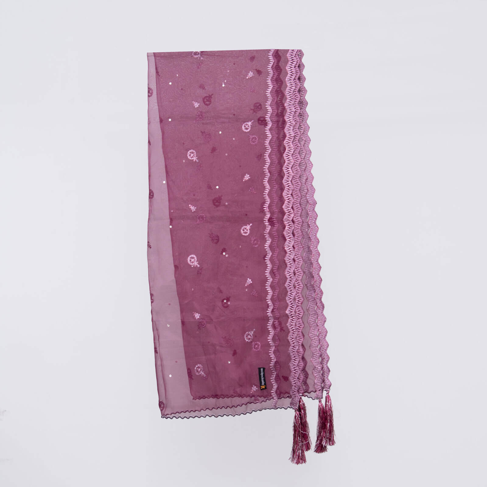 Organza Plum Embroidered All Sided Tussle Dupatta