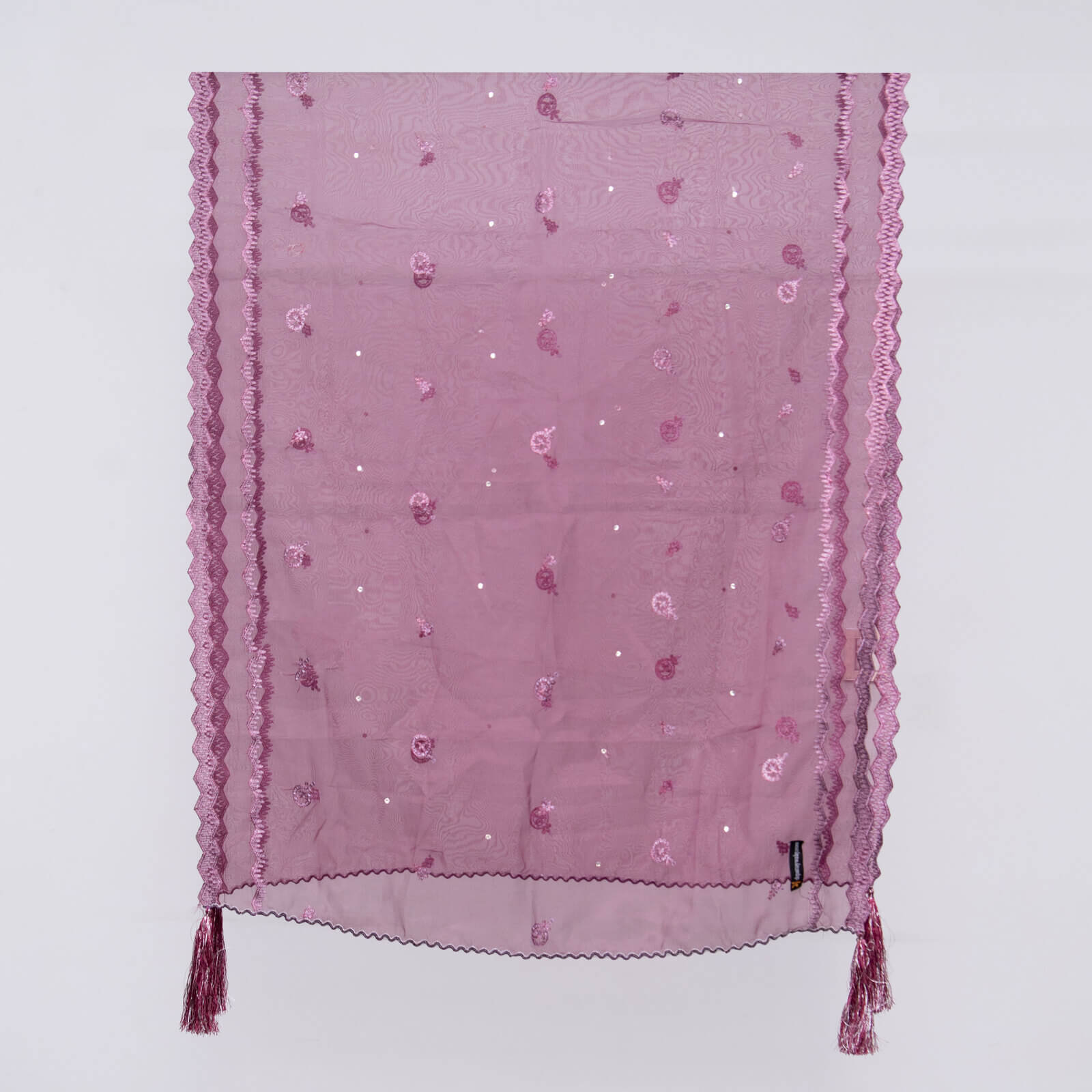 Organza Plum Embroidered All Sided Tussle Dupatta