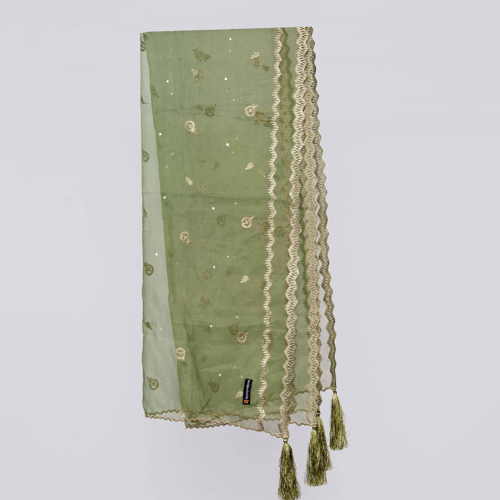 Organza Green Embroidered All Sided Tussle Dupatta