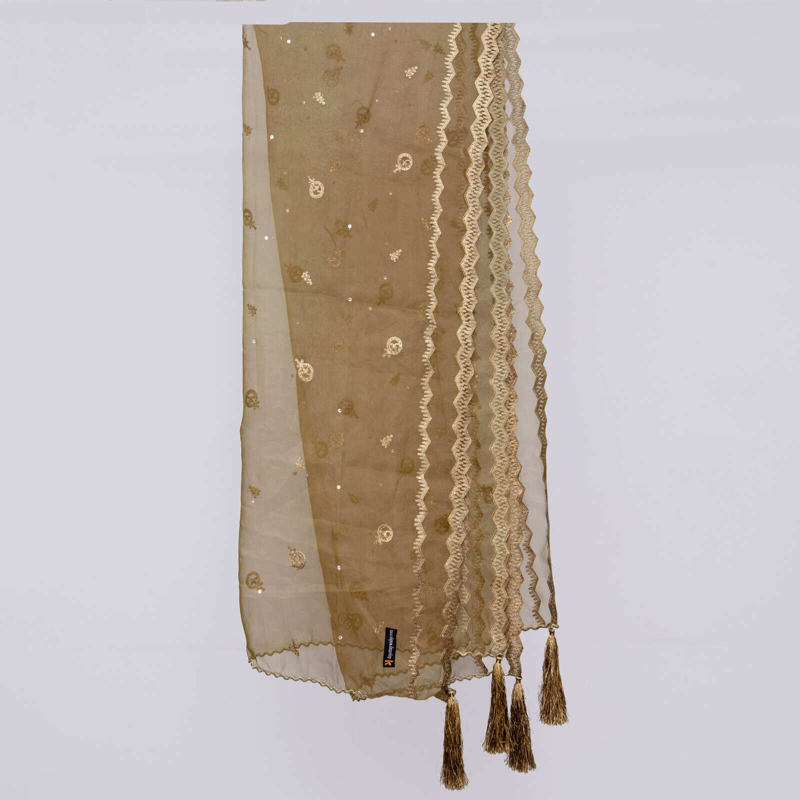 Organza Mehndi Green Embroidered All Sided Tussle Dupatta