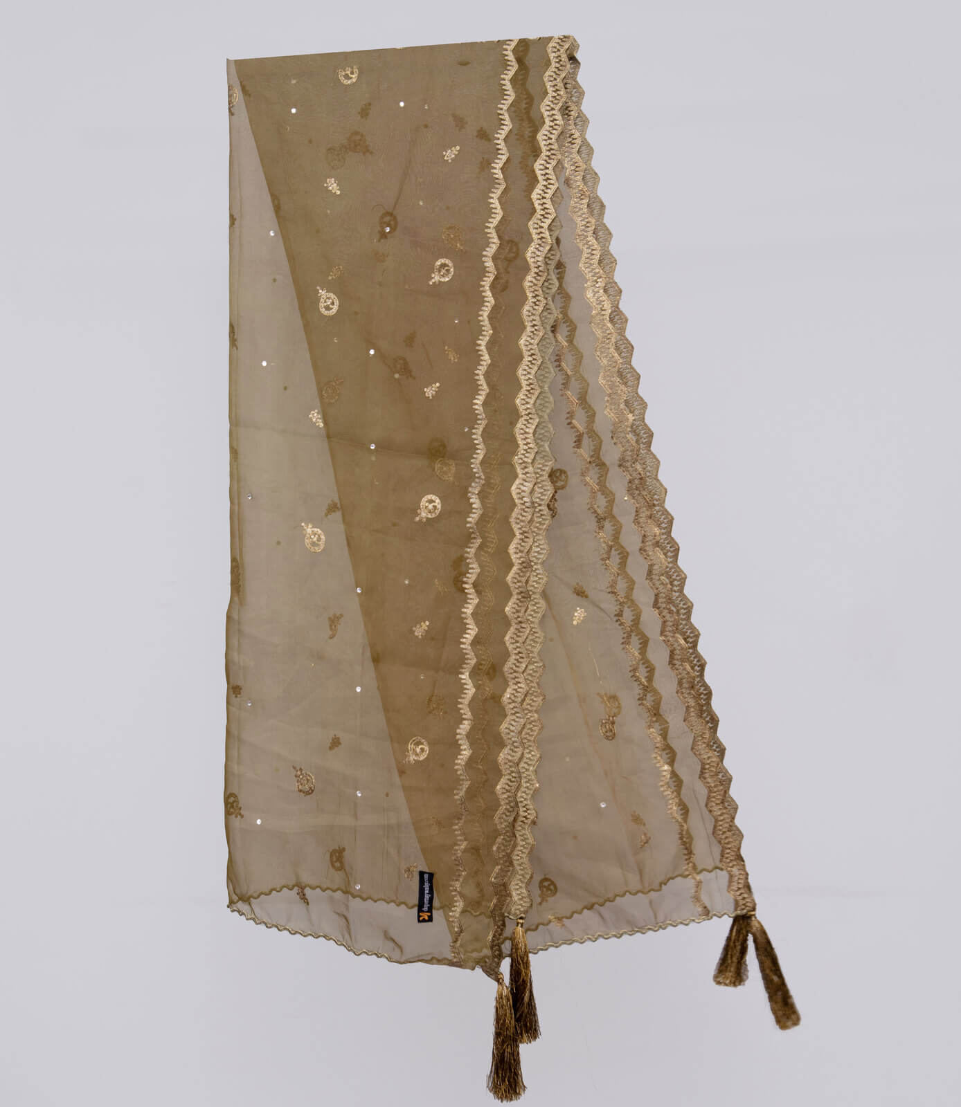 Organza Mehndi Green Embroidered All Sided Tussle Dupatta