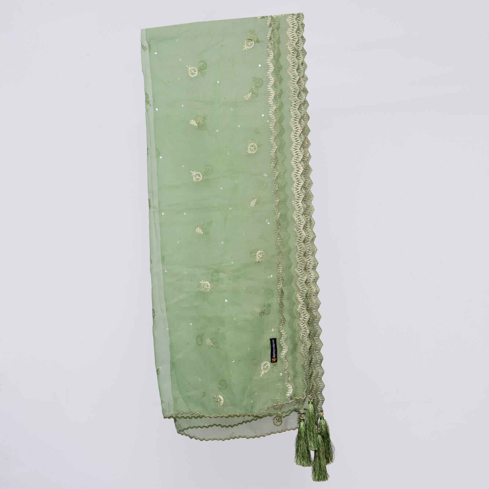 Organza Cucumber Green Embroidered All Sided Tussle Dupatta