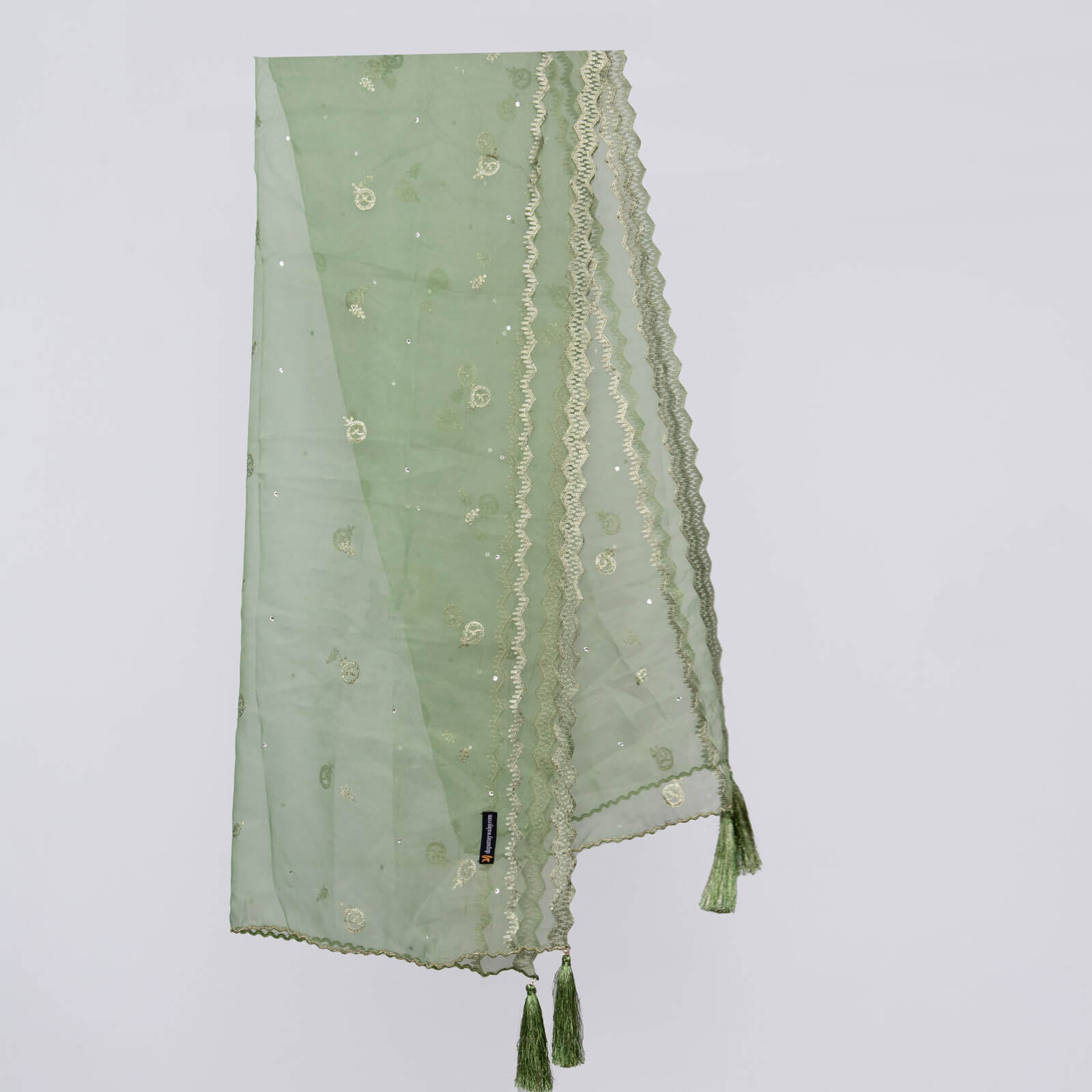 Organza Cucumber Green Embroidered All Sided Tussle Dupatta