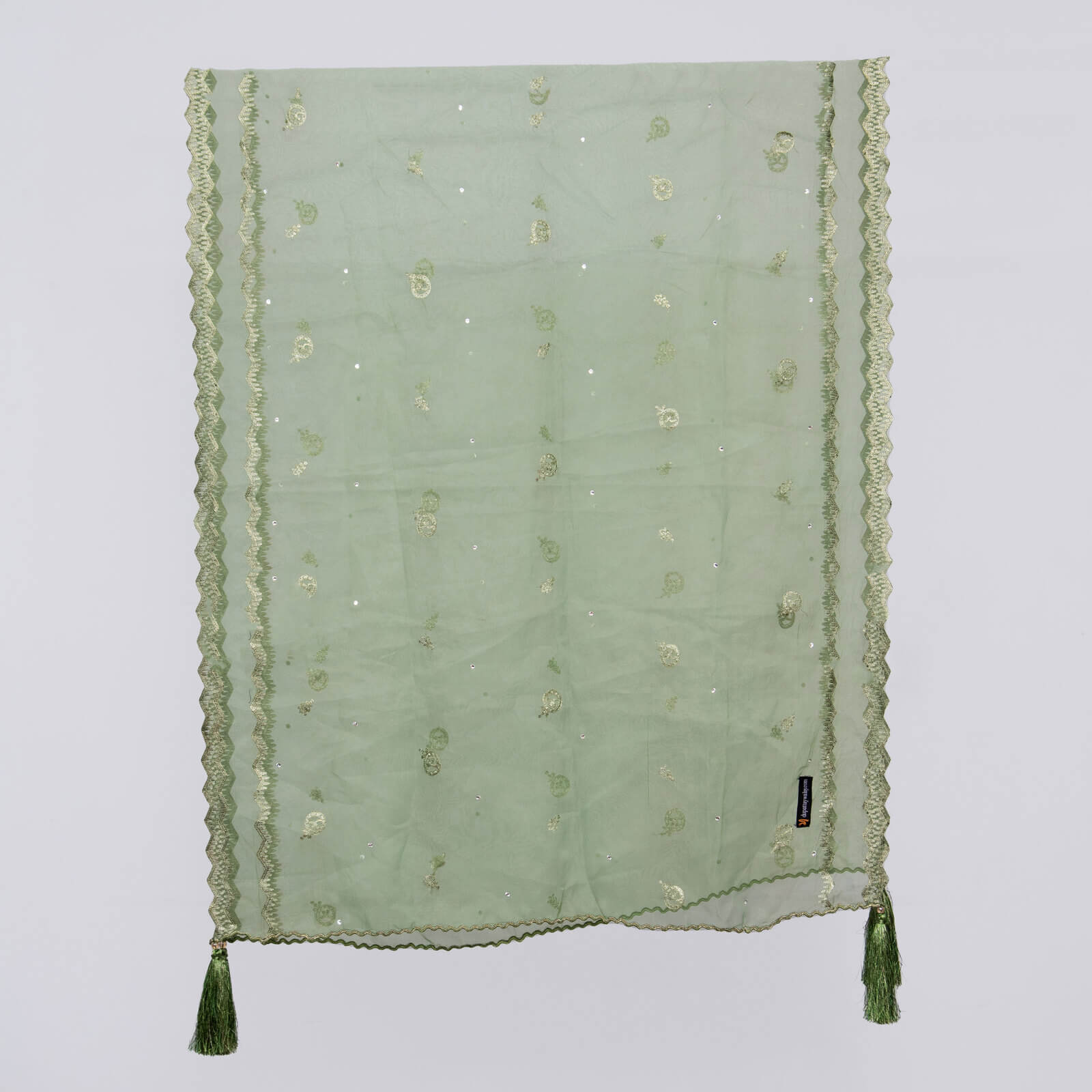 Organza Cucumber Green Embroidered All Sided Tussle Dupatta