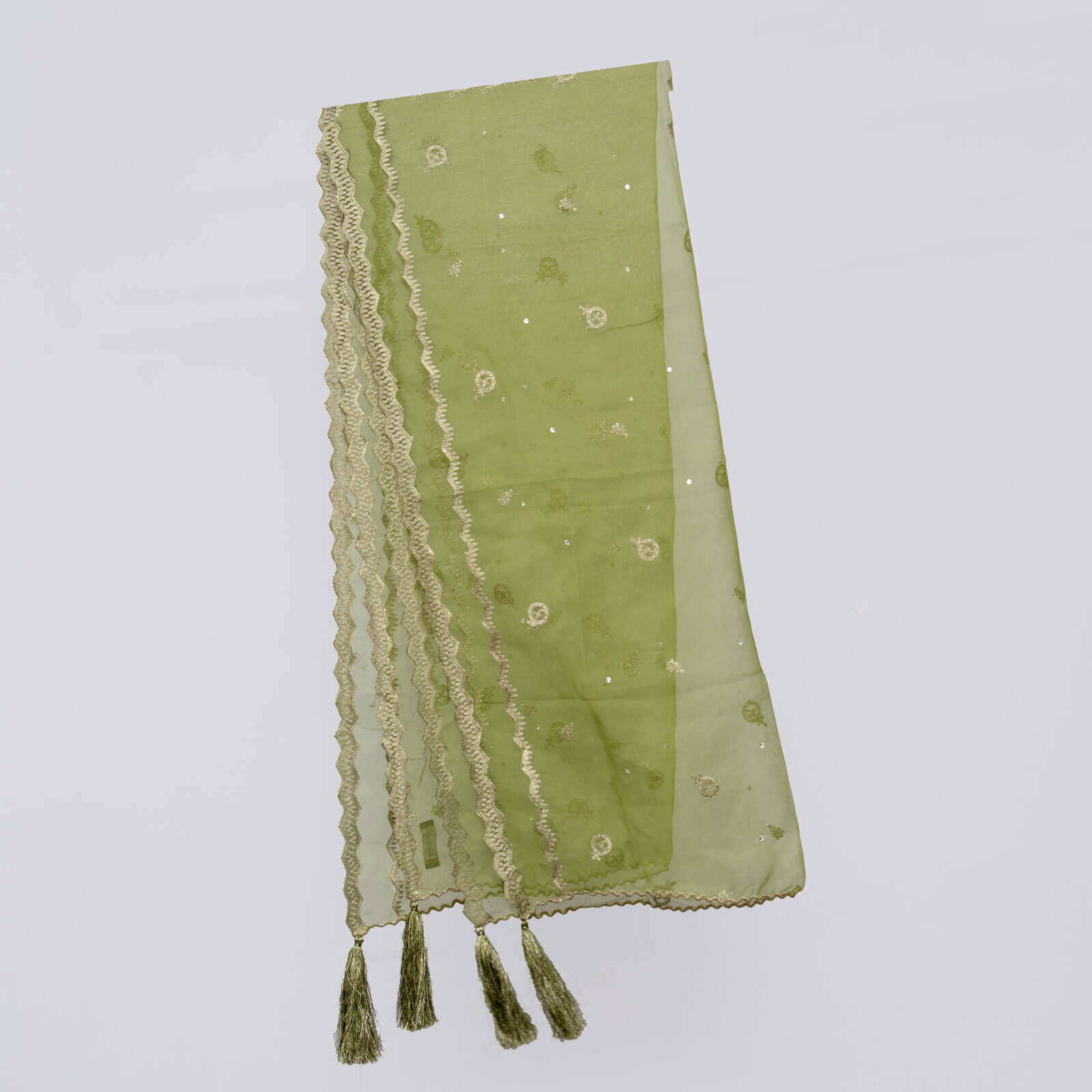Organza Olive Green Embroidered All Sided Tussle Dupatta