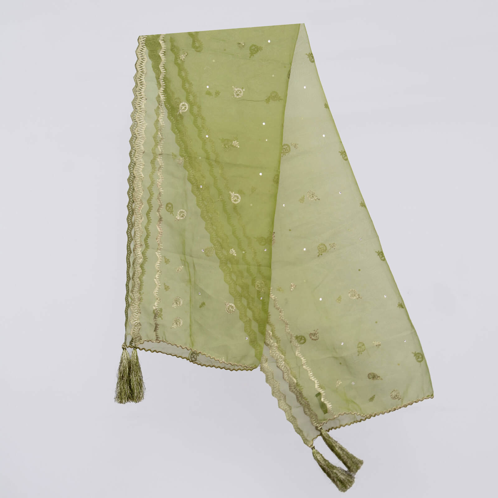 Organza Olive Green Embroidered All Sided Tussle Dupatta