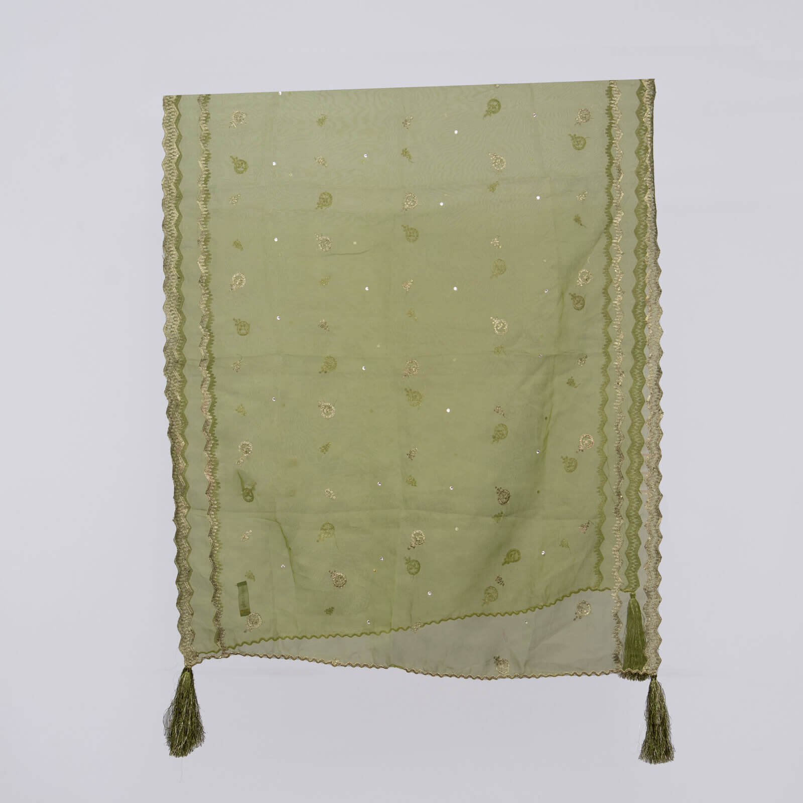 Organza Olive Green Embroidered All Sided Tussle Dupatta