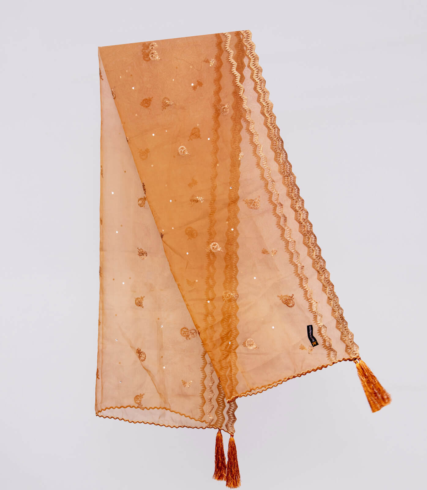 Organza Orange Embroidered All Sided Tussle Dupatta