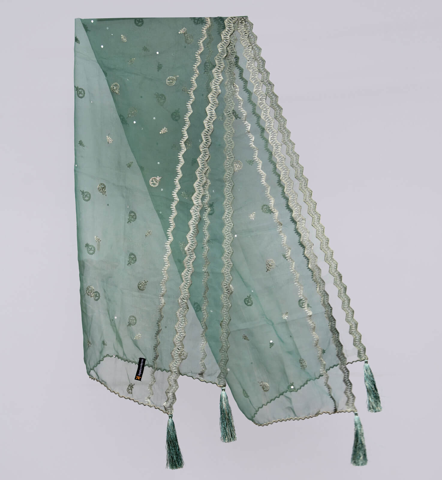 Organza Sea Green Embroidered All Sided Tussle Dupatta