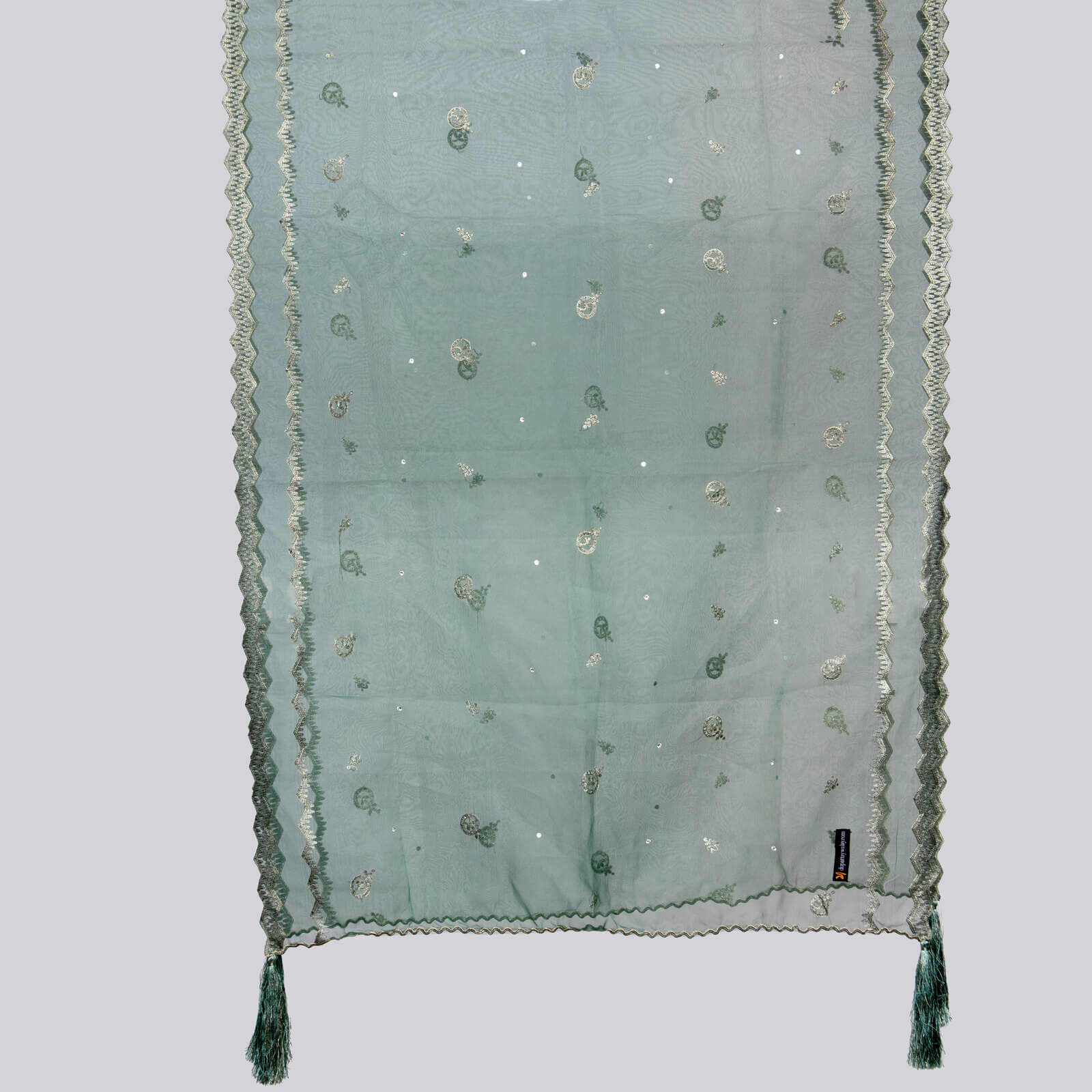Organza Sea Green Embroidered All Sided Tussle Dupatta