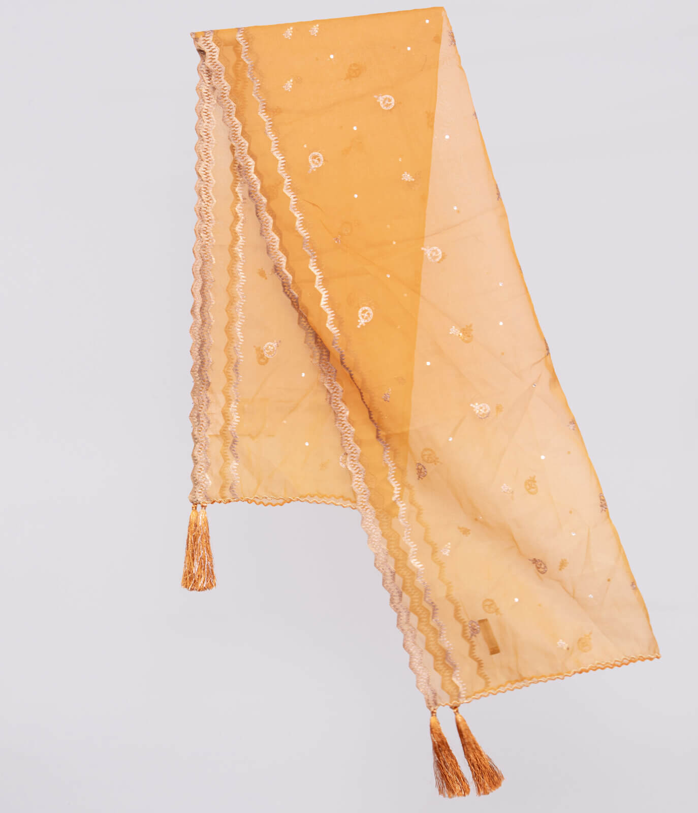 Organza Apricot Orange Embroidered All Sided Tussle Dupatta