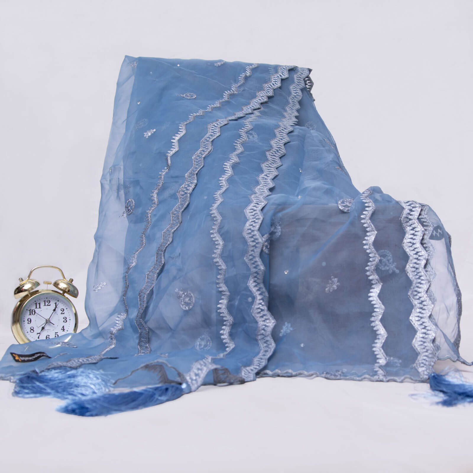 Organza Ocean Blue Embroidered All Sided Tussle Dupatta
