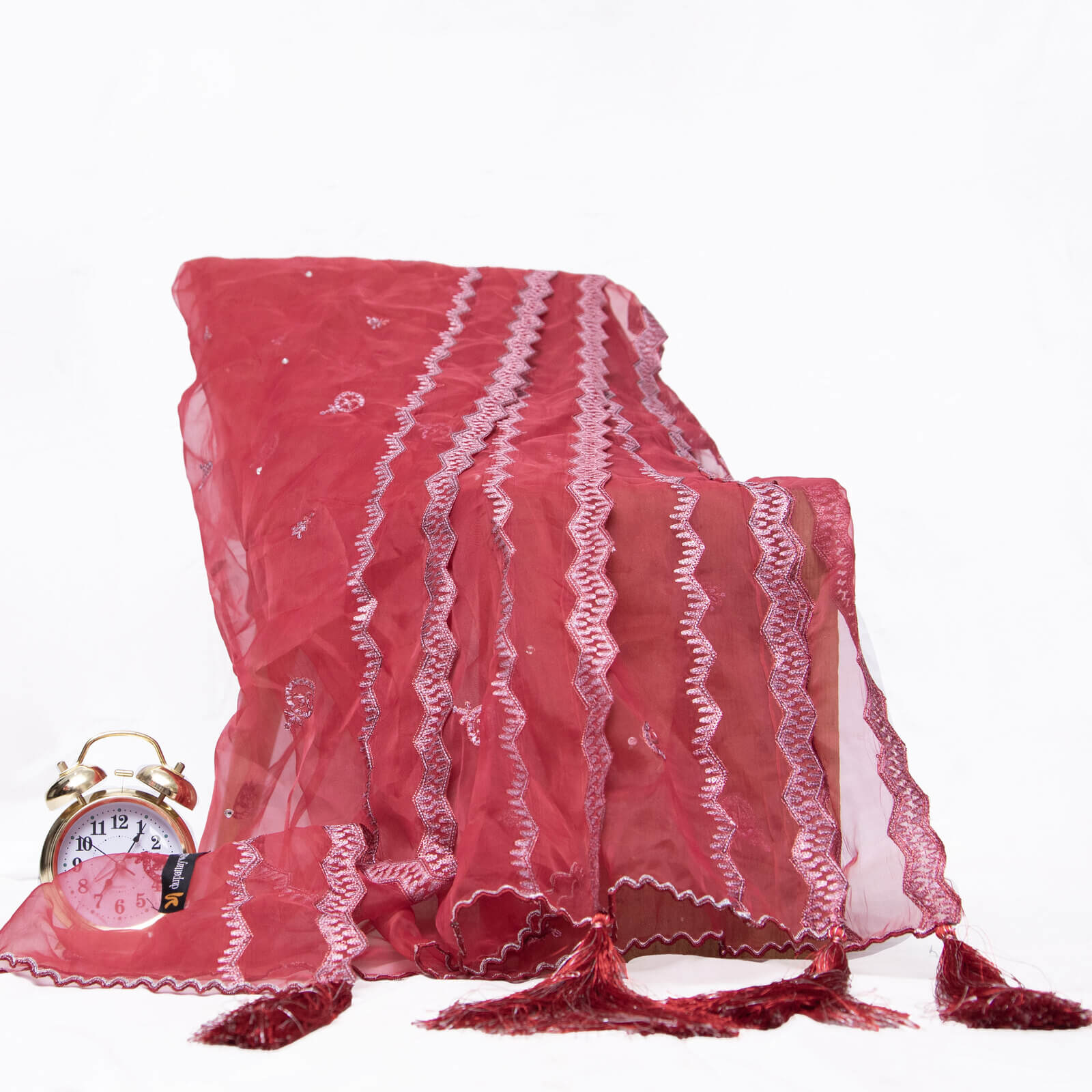 Organza Red Embroidered All Sided Tussle Dupatta