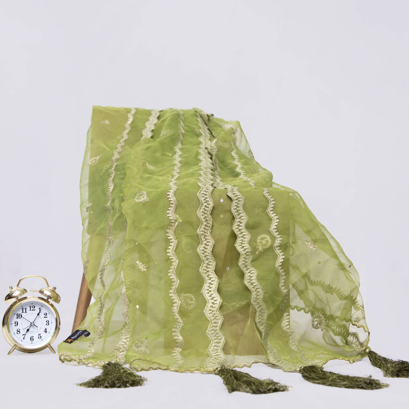 Organza Olive Green Embroidered All Sided Tussle Dupatta