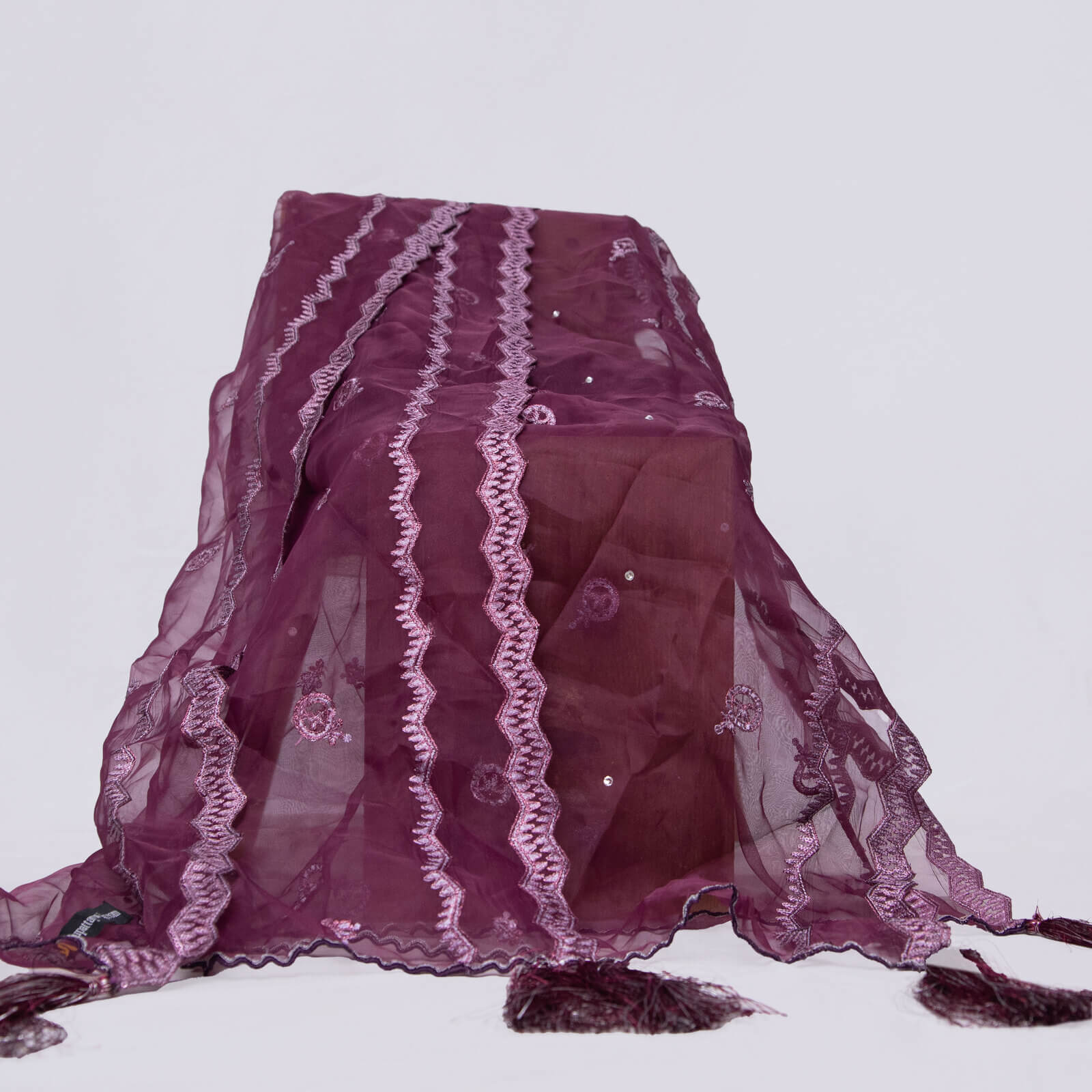 Organza Plum Embroidered All Sided Tussle Dupatta