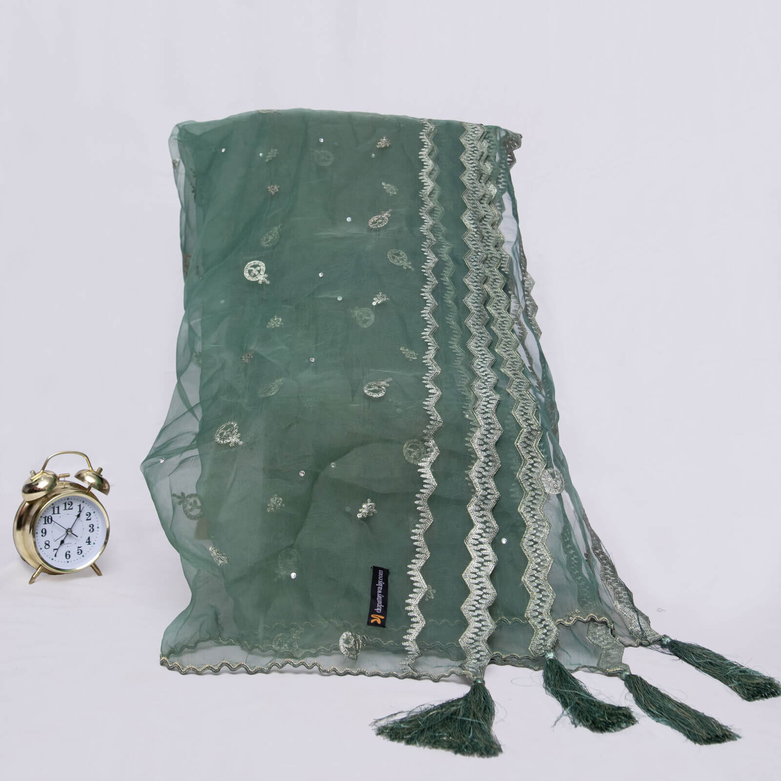Organza Sea Green Embroidered All Sided Tussle Dupatta