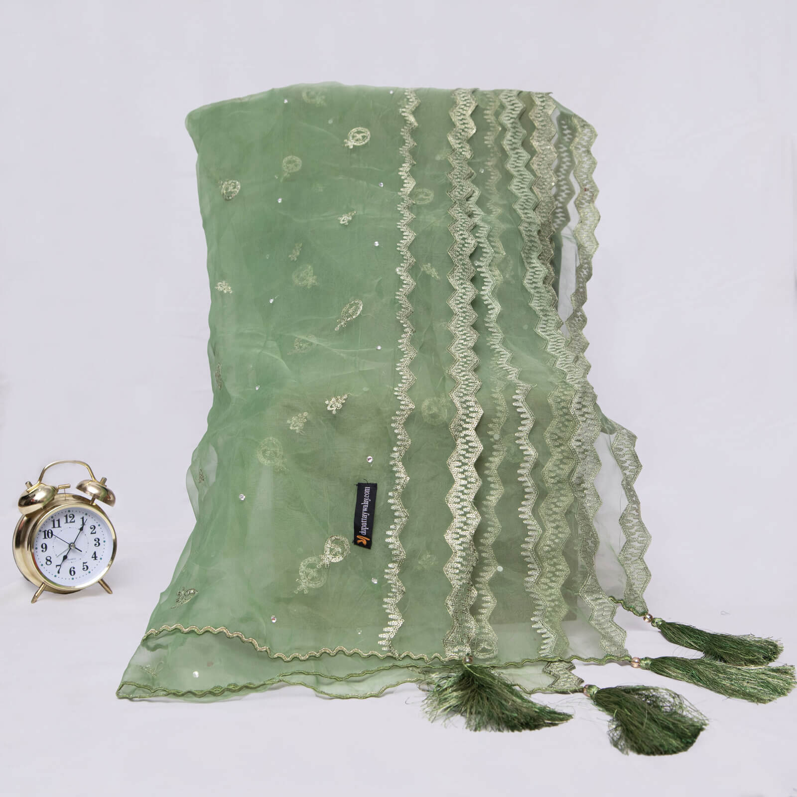 Organza Cucumber Green Embroidered All Sided Tussle Dupatta