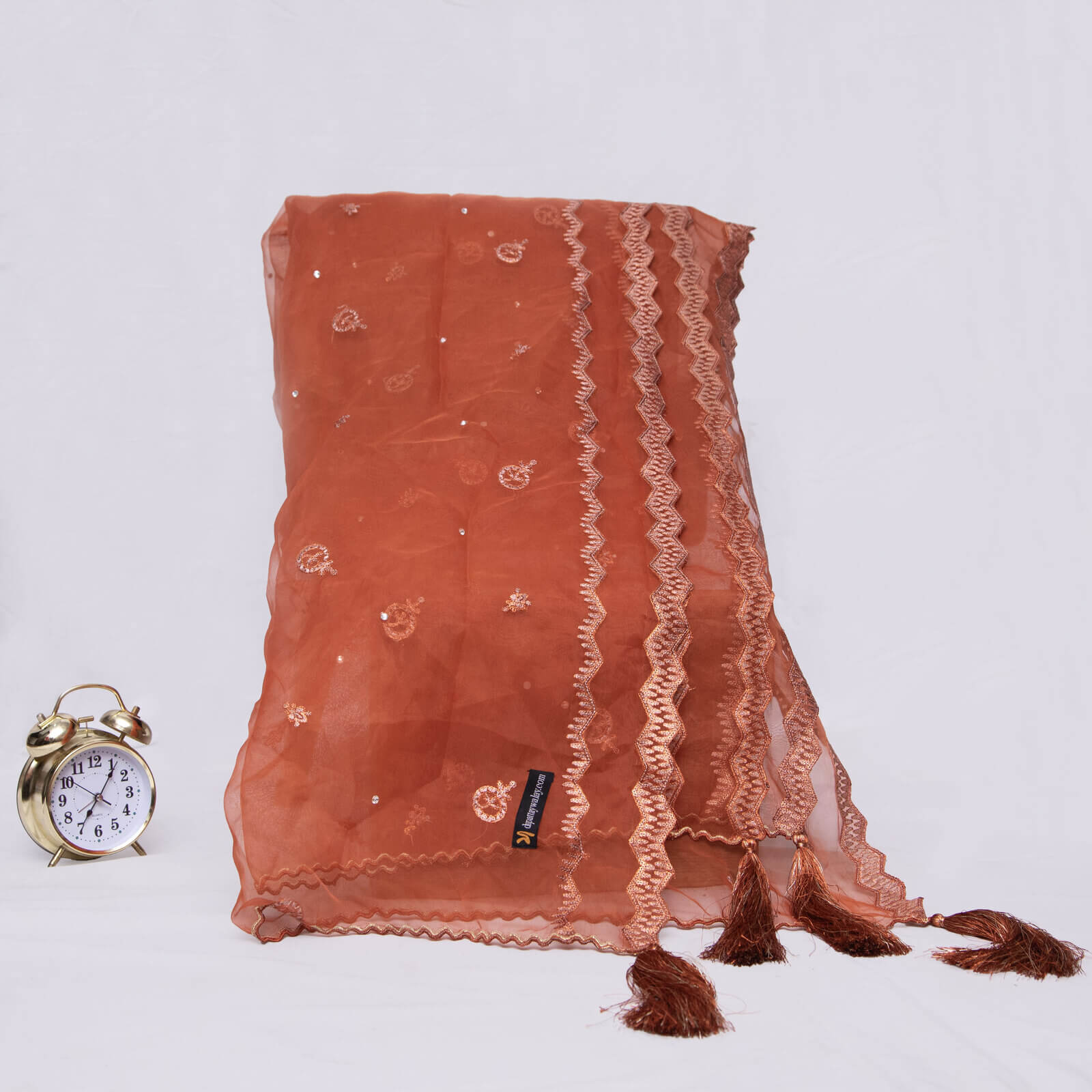 Organza Rust Embroidered All Sided Tussle Dupatta