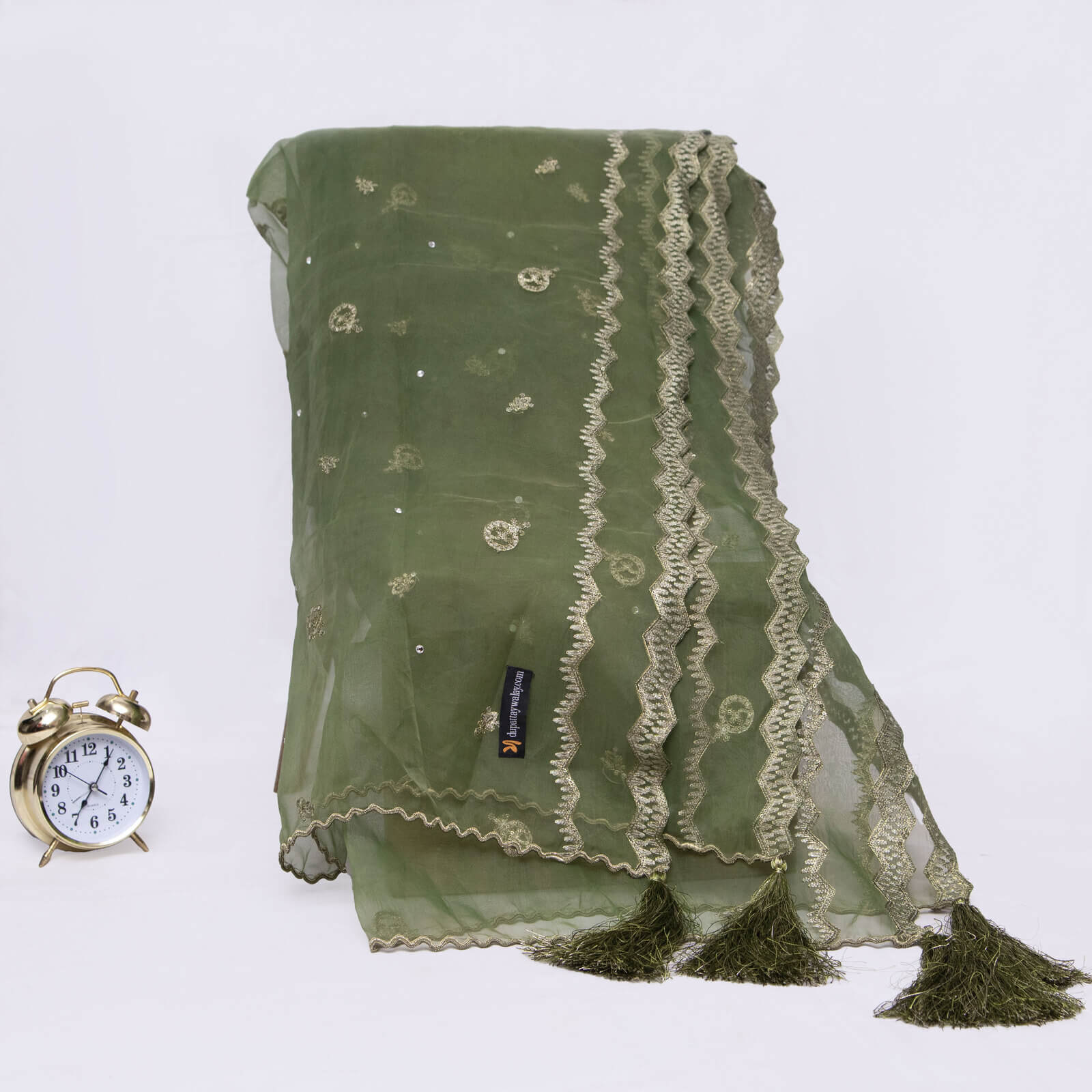 Organza Green Embroidered All Sided Tussle Dupatta