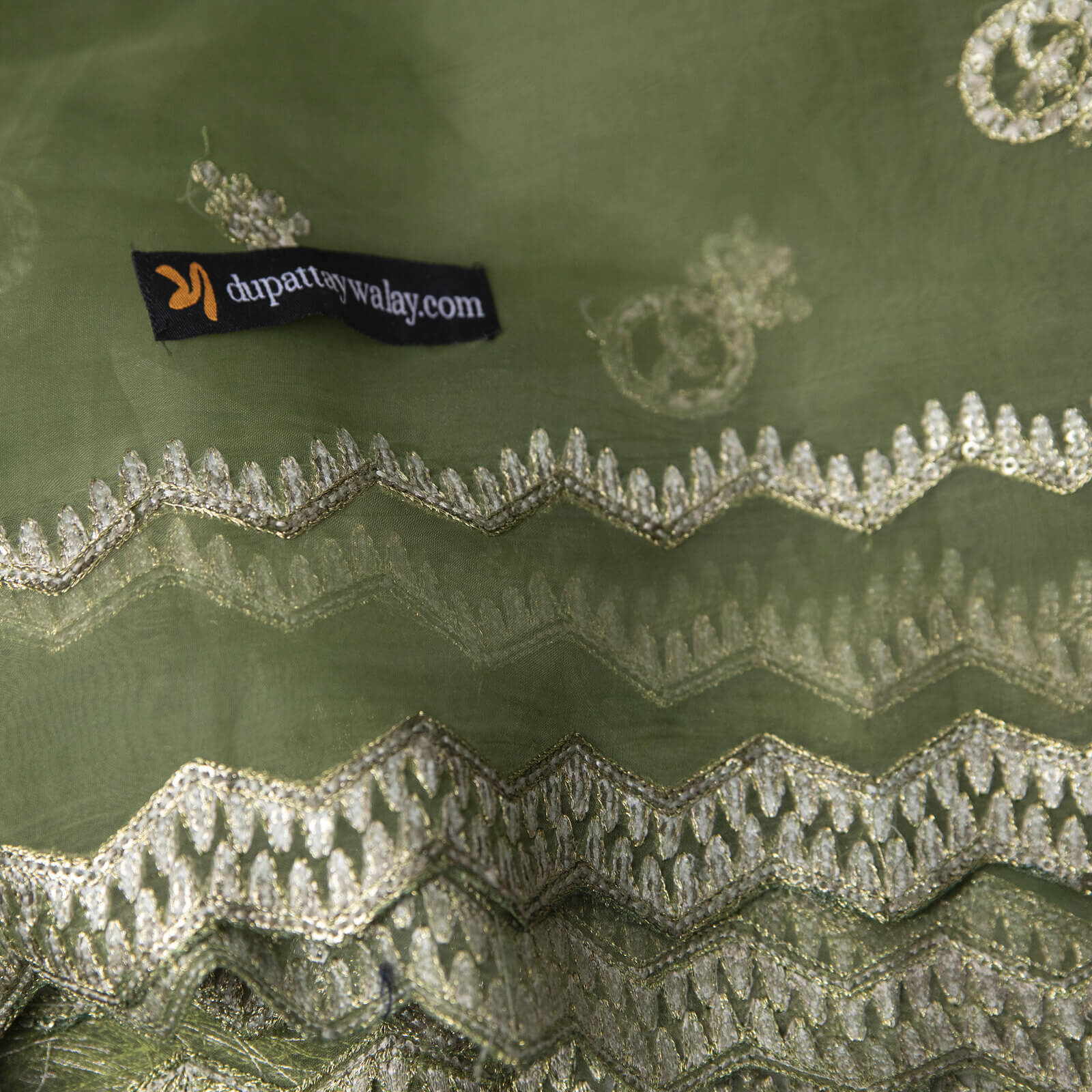 Organza Green Embroidered All Sided Tussle Dupatta