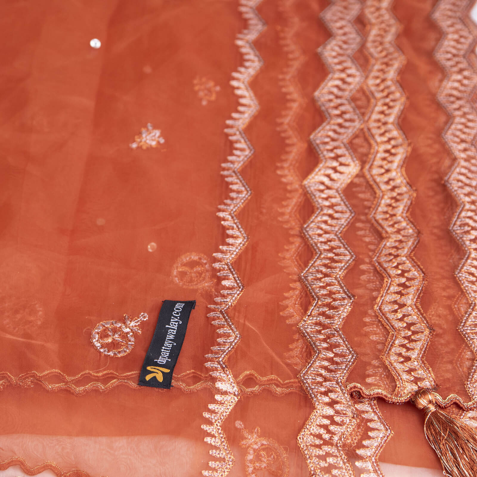 Organza Rust Embroidered All Sided Tussle Dupatta