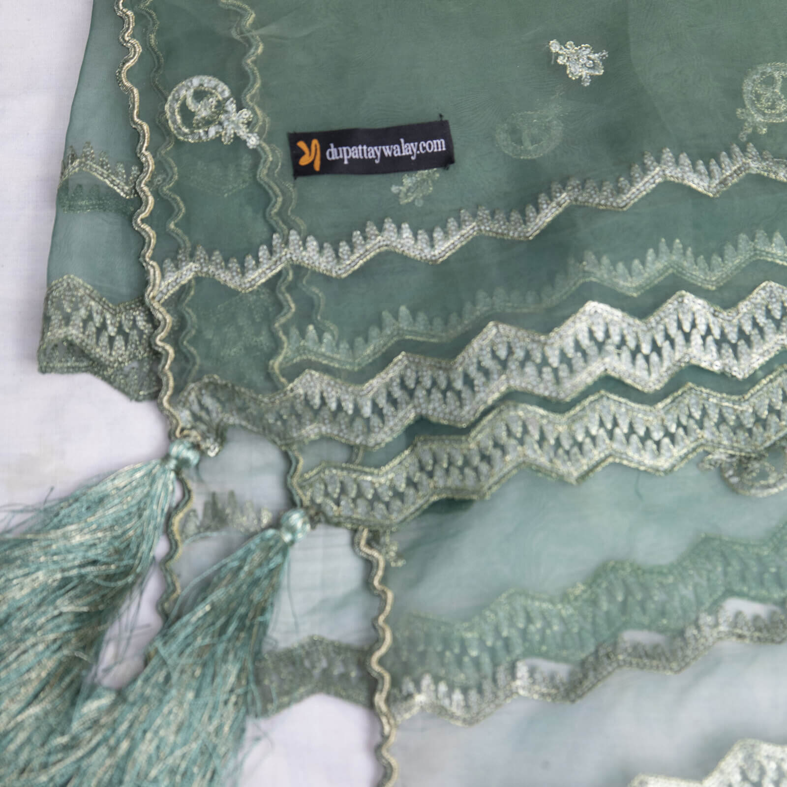Organza Sea Green Embroidered All Sided Tussle Dupatta