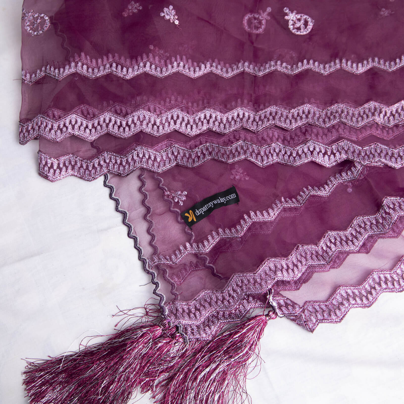 Organza Plum Embroidered All Sided Tussle Dupatta