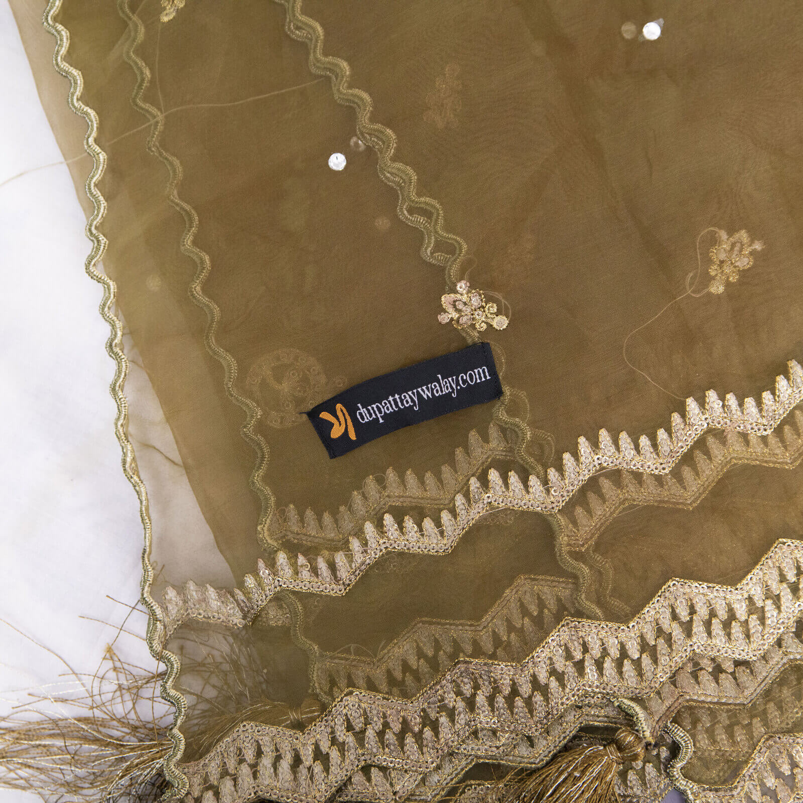 Organza Mehndi Green Embroidered All Sided Tussle Dupatta